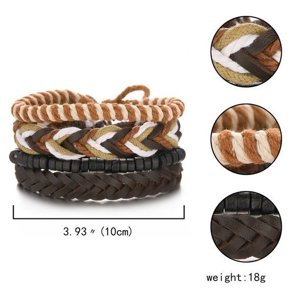 Mens Geniune Leather Rope Braided Weaved Bracelets Set 4 Adjustable Party Gift - Picture 4 of 4